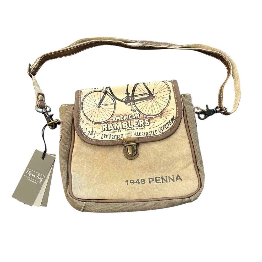 Myra Bag 1948 Penna Small Cross Body Canvas Leather Bag Neutral NEW S-1211
